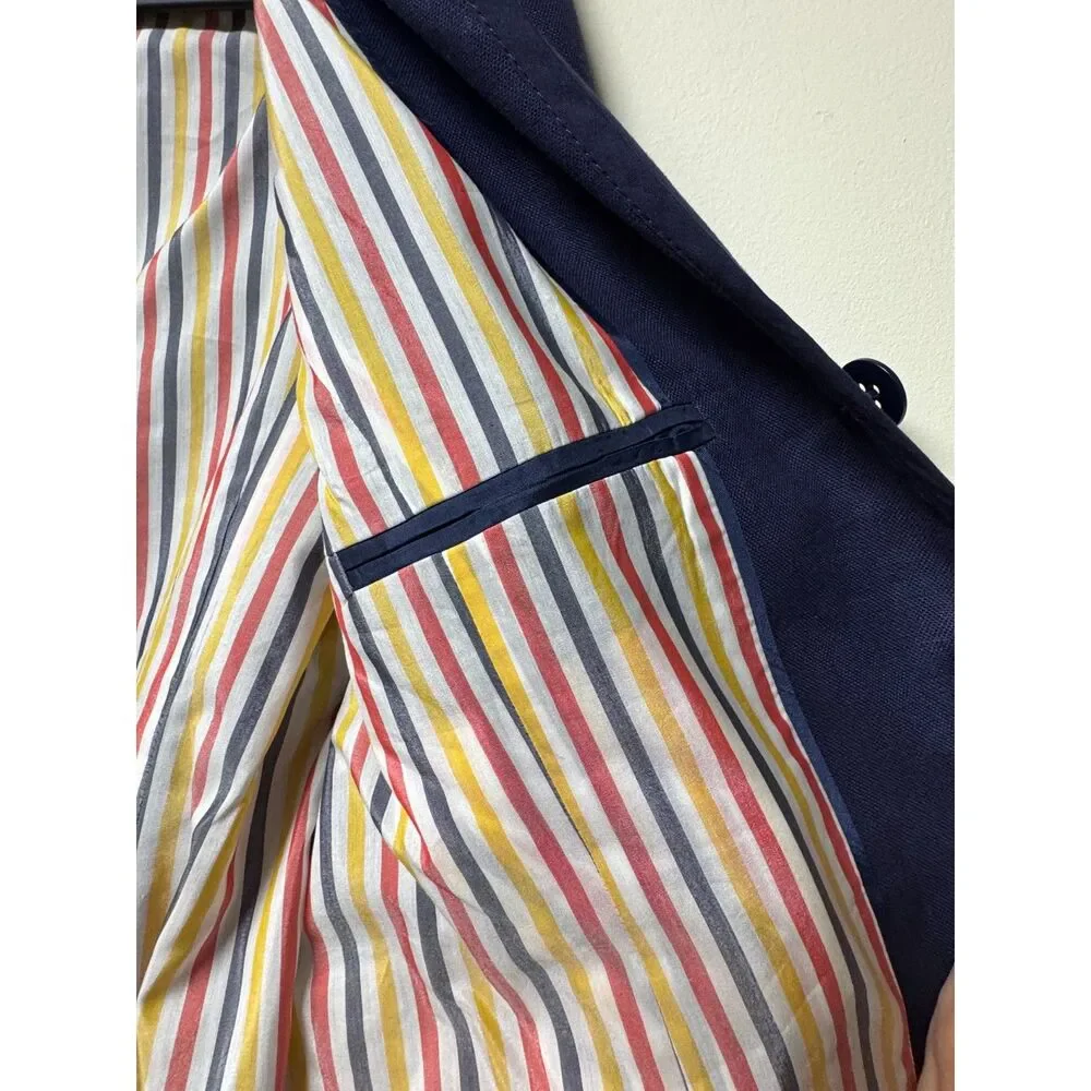 J. CREW 100% Linen Nautical Navy Blue Sailor Style Blazer, Silk/Cotton Lining 12